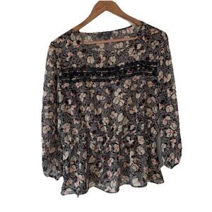 Lily Rose Black Beige Coral Floral Top XL Elastic Waist Lace Cottagecore Peasant